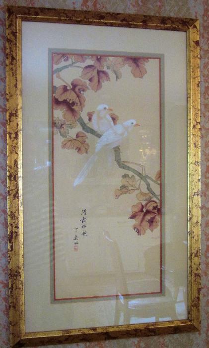 White Mocking Birds; Chinese water color painting on silk.