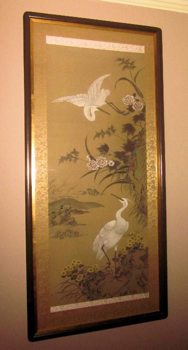 Large, Chinese watercolor on silk of Egrets.