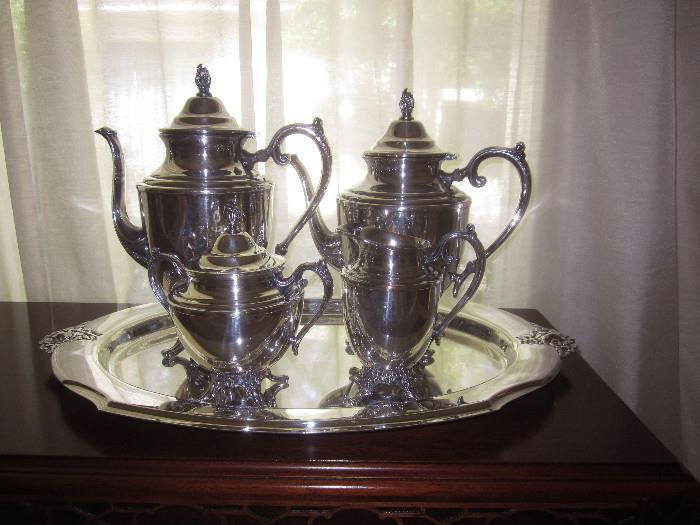 William Rogers, old, silver plate tea and coffee service. Tray will be sold with the service, though not original to it.