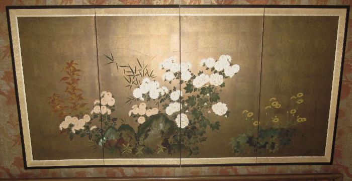Oriental, hand-painted, four-panel screen.