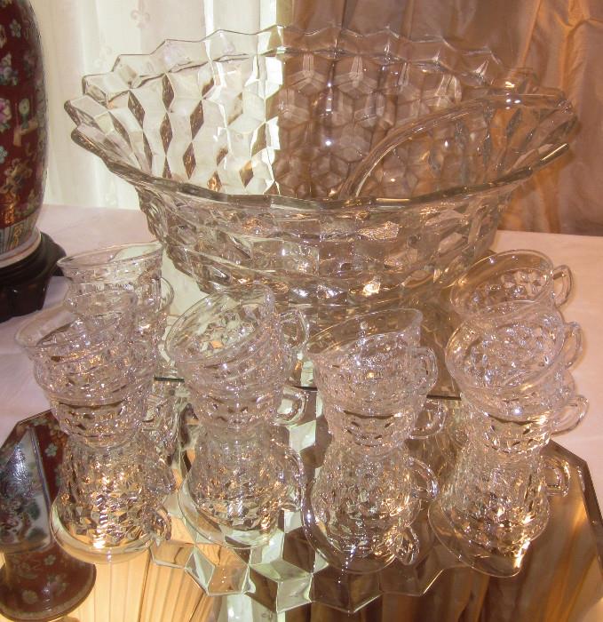 Fostoria "American" pattern punch bowl with ladle and twelve handled punch cups. The punch bowl diameter is a HUGE 18".