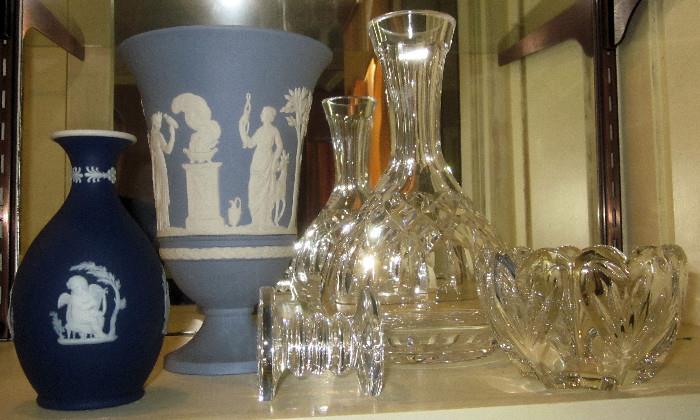 Wedgwood pieces; Waterford knife rest, decanter, and bowl.