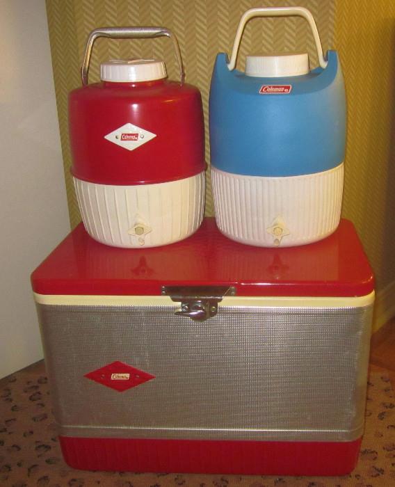 Vintage 1960s Coleman ice chest/cooler; Coleman water coolers. Very nice.
