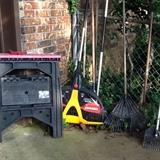 Tools , rakes, saw horses, metal rakes