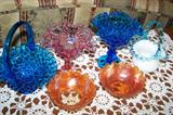 Fenton compotes and baskets; Northwood Acorn Burr berry bowls.
