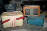 Vintage tins--crayon box, lunch pails--one with insert.