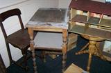 Assorted small tables, chairs, stools, tin doll house.