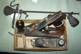 Antique cast iron scales, vintage Stanley planes.
