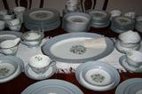100+ pieces of Sheraton china by Harmony House. 1960s. 7-piece settings for 12 (minus one plate). Several serving pieces.