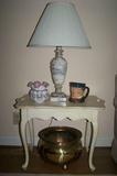 Antique butler's table (painted antique white), marble lamp, hand painted vintage Fenton, Royal Doulton character jug, brass planter.