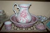 Antique wash basin set--pitcher, bowl, 3-piece soap and mug. Pitcher isn't the same pattern but same color makes it a good go-with.
