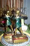 SOLD--Stunning bookends by Armor Bronze Company. Bronze clad pair with enamel depict Peter Pan.