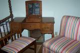 SOLD--Dressing table with center lift-up mirror and two drawers; upholstered bench and chair.
