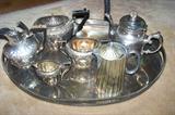 Large silver plated gallery tray with assorted silver plated hollow ware items--English, American--NO STERLING