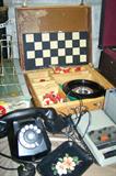 SOLD--Old rotary phone, gaming set with bakelite pieces and roulette wheel.