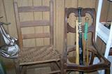 More antique chairs, vintage baseball bats.