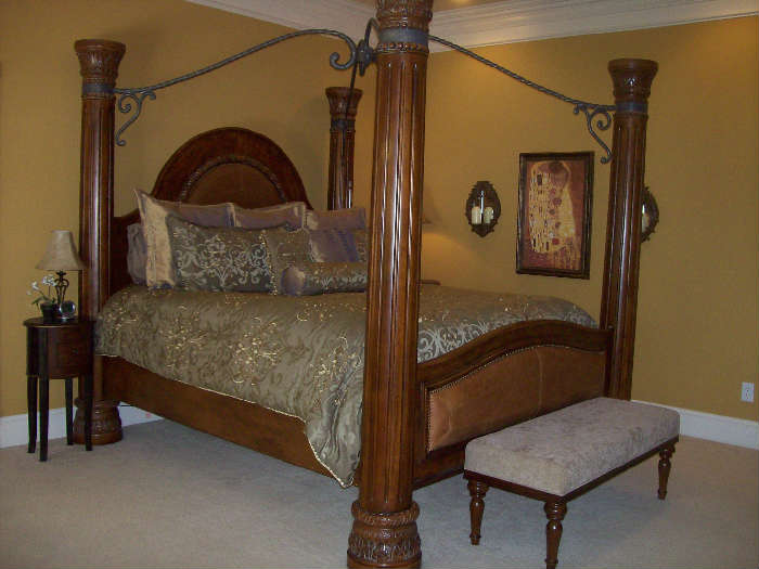 Fabulous kingsize bedroom group--massive poster bed, dresser with mirror, armoire--all matching. Finish off the room with complementary side tables, desk, framed prints, sconces, other small furniture and decorative pieces.