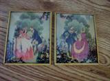 Lots of vintage decorative items. Shown here, pair prints with reverse-painted curved glass.
