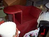 Vintage gossip bench upholstered in red vinyl!