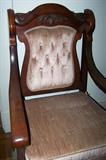 Large antique mahogany chair, velvet upholstery.