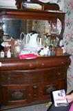Wonderful antique sideboard with columns and back mirror--wow!