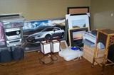 Assorted framed prints, lamps and household items.