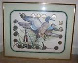 Decorative print with Kennedy half dollars.