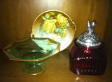 Handpainted rose plate, depression glass green compote and red glass jar.