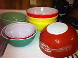 Fire King Jadite swirl bowl, assorted Pyrex bowls.