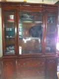 China cabinet with bowed glass, has veneer and finish damage.
