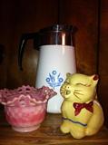 Fenton bowl, Shawnee cream pitcher and corning ware coffee pot.