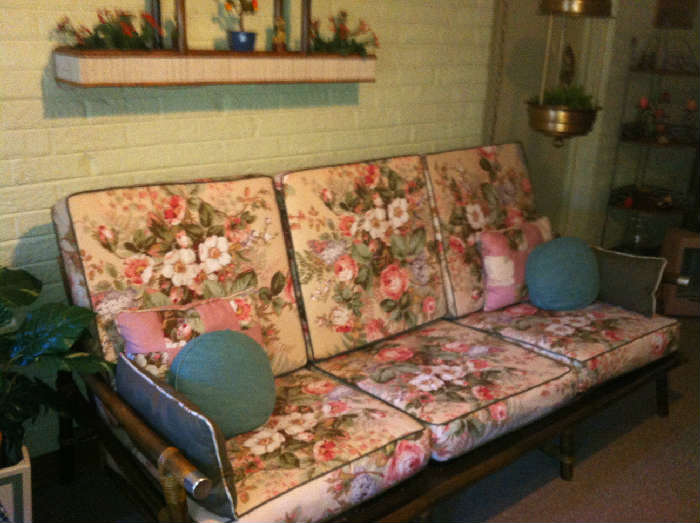 Large den full of 1960s rattan furniture and accessories, most marked "Ficks Reed Co." bought in Miami.