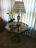 Vintage octagonal pedestal table, lamp with capiz shell shade (damaged).