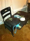 Vintage student desk, painted black with Holly Hobbie design.