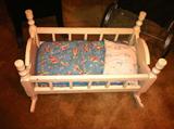 Vintage wooden doll furniture--high chair, wardrobe and cradle.