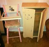 Vintage wooden doll furniture--high chair, wardrobe and cradle.