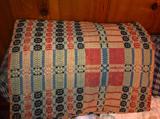 19th century woven coverlet, some damage but beautiful 4-color design (white, blue, red, black).
