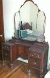 Early 20th century bedroom group--full headboard & footboard, chest, vanity dresser with mirror and vanity bench.