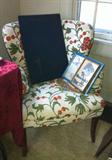 Vintage chair (one of pair) and assorted framed art and prints.