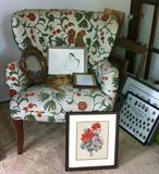 Vintage chair (one of pair) and assorted framed art and prints.