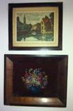 Assorted vintage framed art and prints.