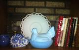 Vintage glassware and cookbooks.