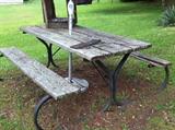 Vintage wood and metal picnic table.