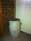 Unique butter churn, complete with lid and dasher. Notice wire handles.
