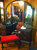 Antique vanity with 3-way mirror, bench.