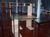 Shelving, computer desk, coffee table.