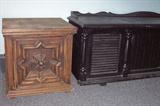 Wooden end table and painted cabinet.