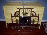 Pair wicker nightstands, extra-fine stick & ball hat/coat rack with beveled mirror--Victorian.