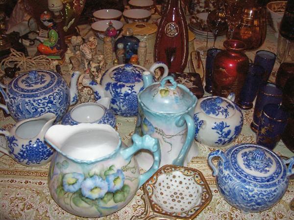 Assorted glassware and pottery--most antique, some modern decorative.