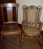 Oak t-back chair with leather inset seat, Victorian wicker and cane rocker.